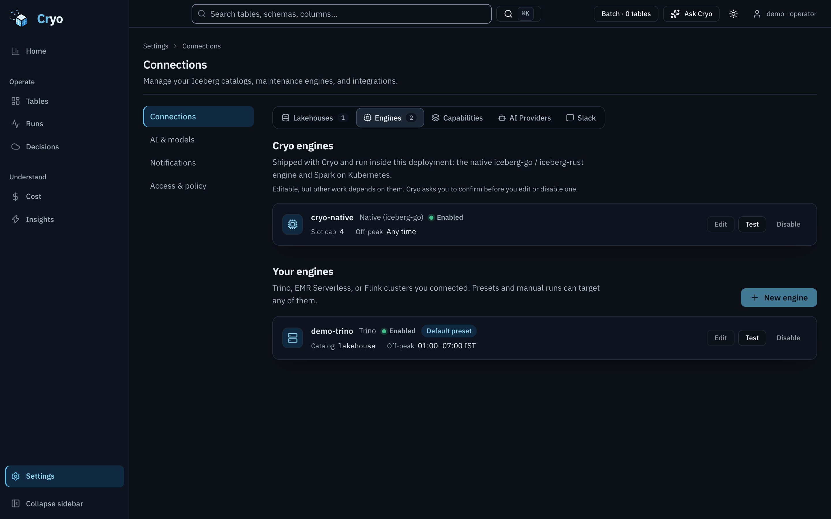 Settings, Connections, Engines tab. Cryo engines lists cryo-native, Native (iceberg-go), enabled, slot cap 4, off-peak any time. Your engines lists demo-trino, Trino, enabled, marked Default preset, catalog lakehouse, off-peak 01:00 to 07:00.