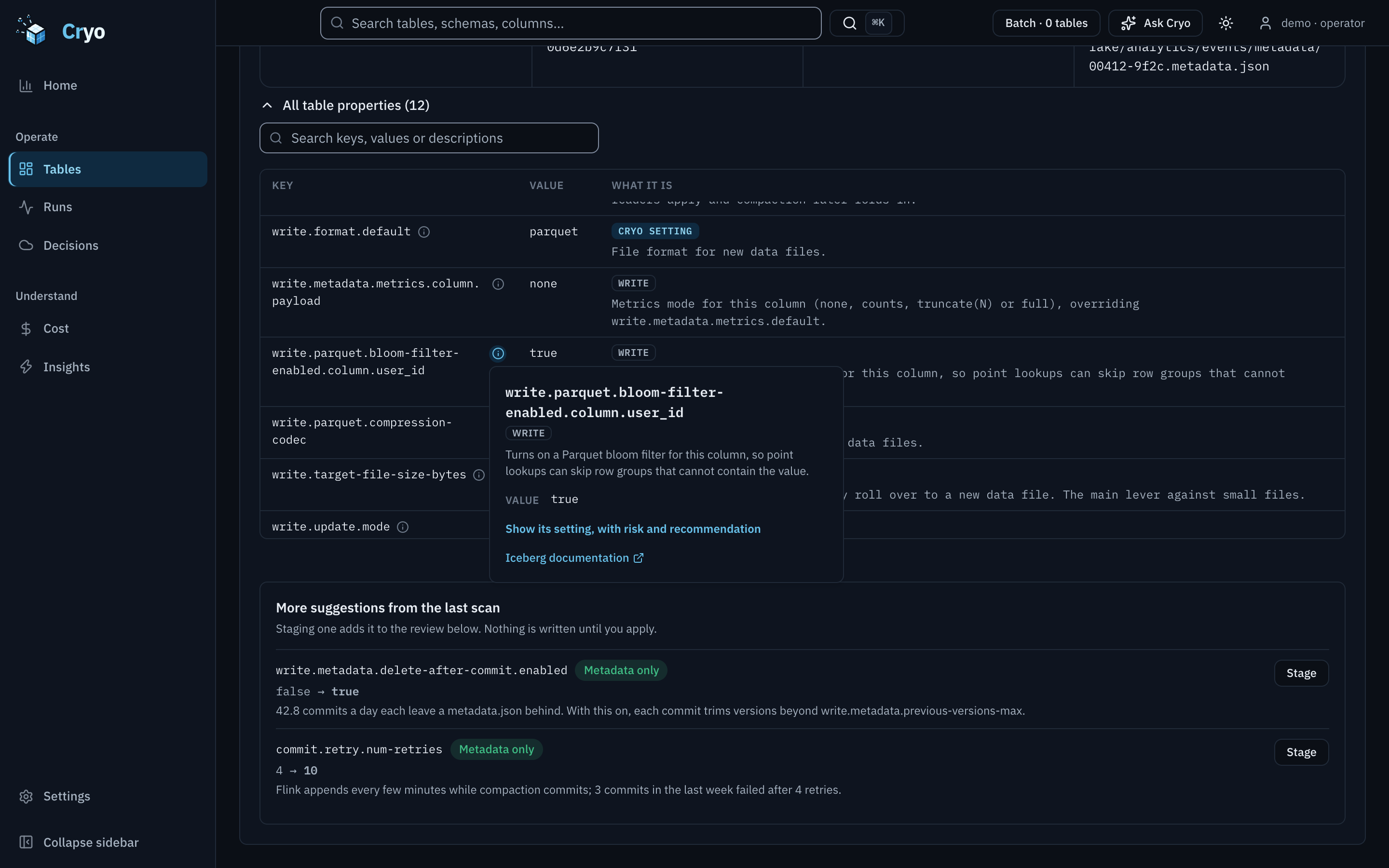 All table properties list with a What it is column. An info popover for write.parquet.bloom-filter-enabled.column.user_id explains that it writes a Parquet bloom filter for the user_id column, with links Show its setting and Iceberg documentation.