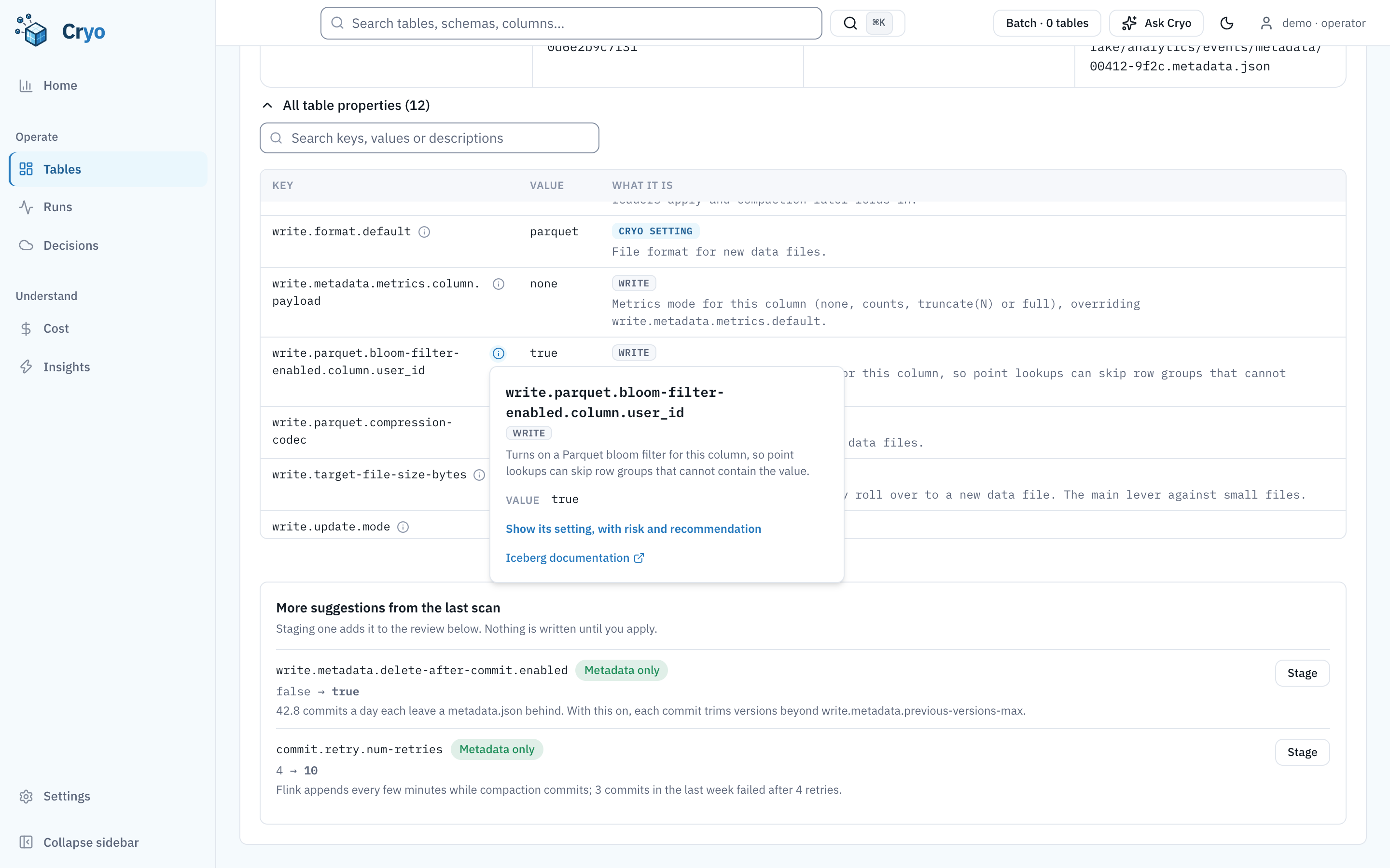 All table properties list with a What it is column. An info popover for write.parquet.bloom-filter-enabled.column.user_id explains that it writes a Parquet bloom filter for the user_id column, with links Show its setting and Iceberg documentation.