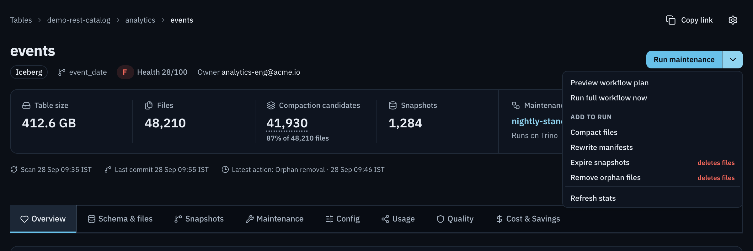 The Run maintenance menu, open. Items: Preview workflow plan, Run full workflow now. Under Add to run: Compact files, Rewrite manifests, Expire snapshots (marked deletes files), Remove orphan files (marked deletes files). Last item: Refresh stats.
