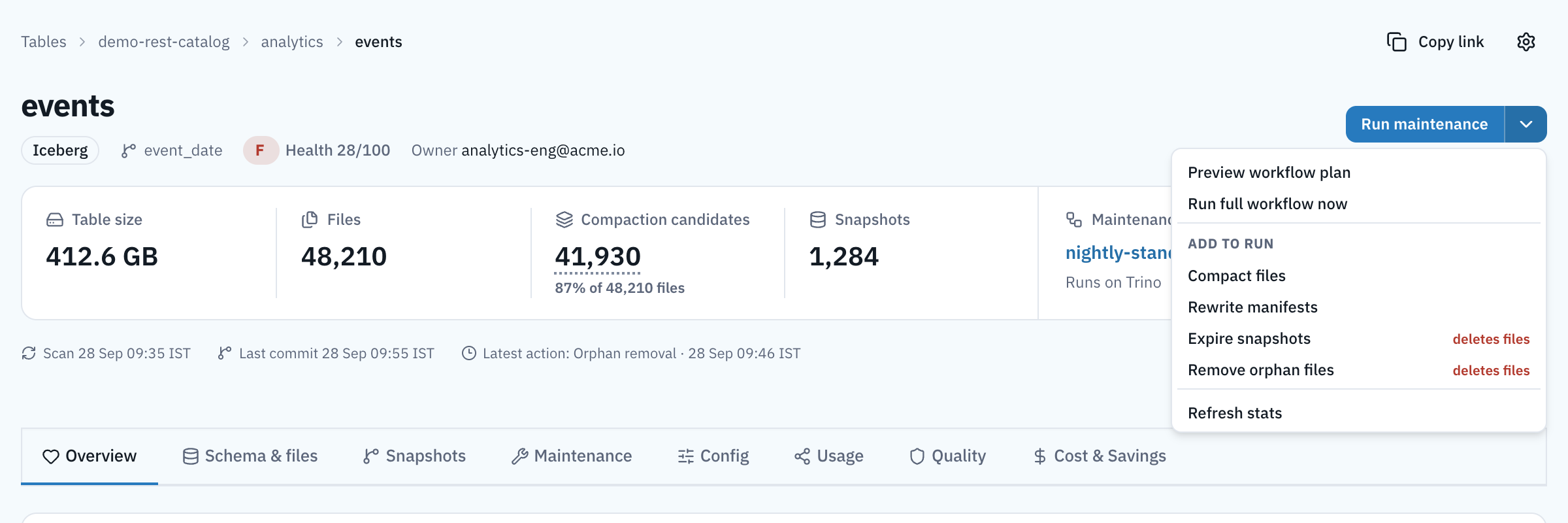 The Run maintenance menu, open. Items: Preview workflow plan, Run full workflow now. Under Add to run: Compact files, Rewrite manifests, Expire snapshots (marked deletes files), Remove orphan files (marked deletes files). Last item: Refresh stats.